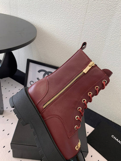 ANKLE BOOTS IN MAHOGANY RED MIX BLACK CALFSKIN