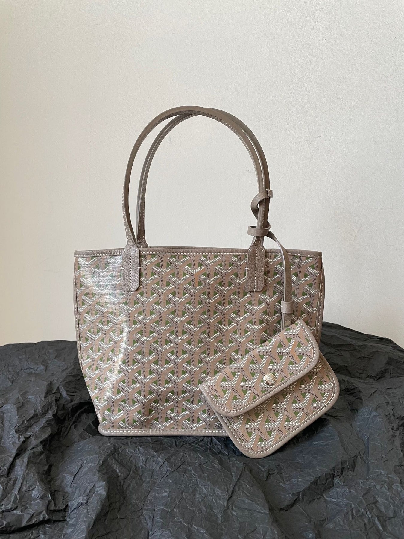 ANJOU MINI BAG 20 IN GREY MIX GREEN GOYARDINE CANVAS AND CALFSKIN