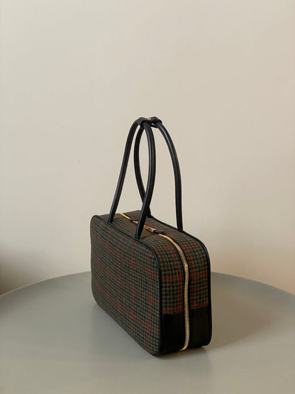 BEAU TOP HANDLE BAG 34 IN LODEN GREEN TARTAN AND BLACK LEATHER TRIM