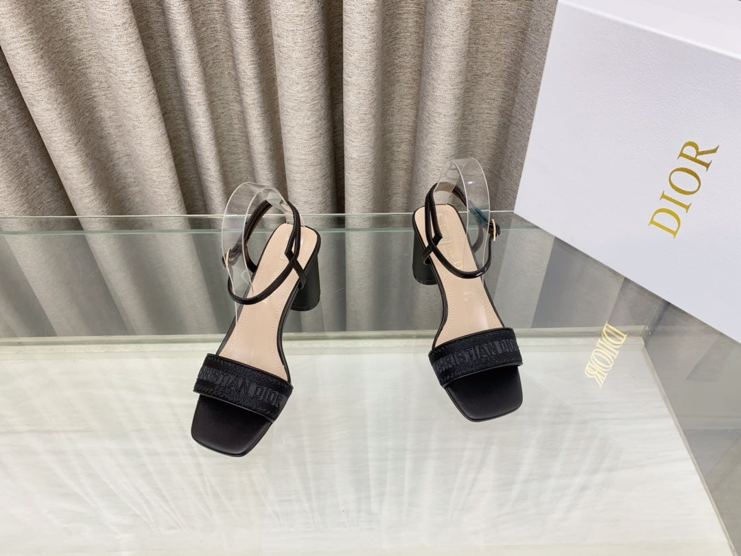 DWAY HIGH HEEL EMBROIDERED SANDAL BLACK CALFSKIN 75 MM