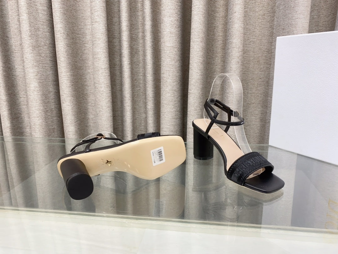 DWAY HIGH HEEL EMBROIDERED SANDAL BLACK CALFSKIN 75 MM