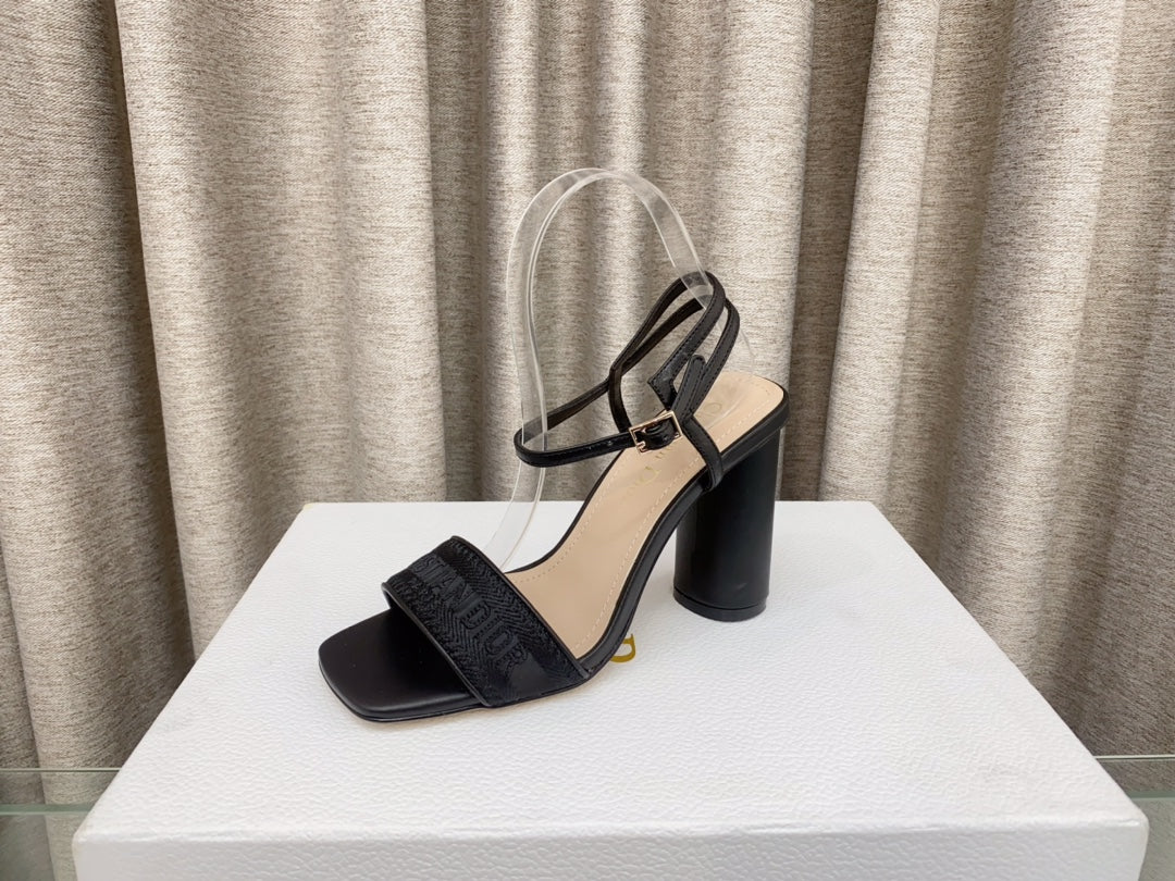 DWAY HIGH HEEL EMBROIDERED SANDAL BLACK CALFSKIN 95 MM