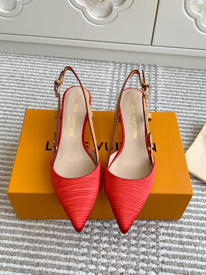 BLOSSOM SLINGBACKS 55 MM IN CHERRY RED IMPORTED STRIPED SILK SATIN