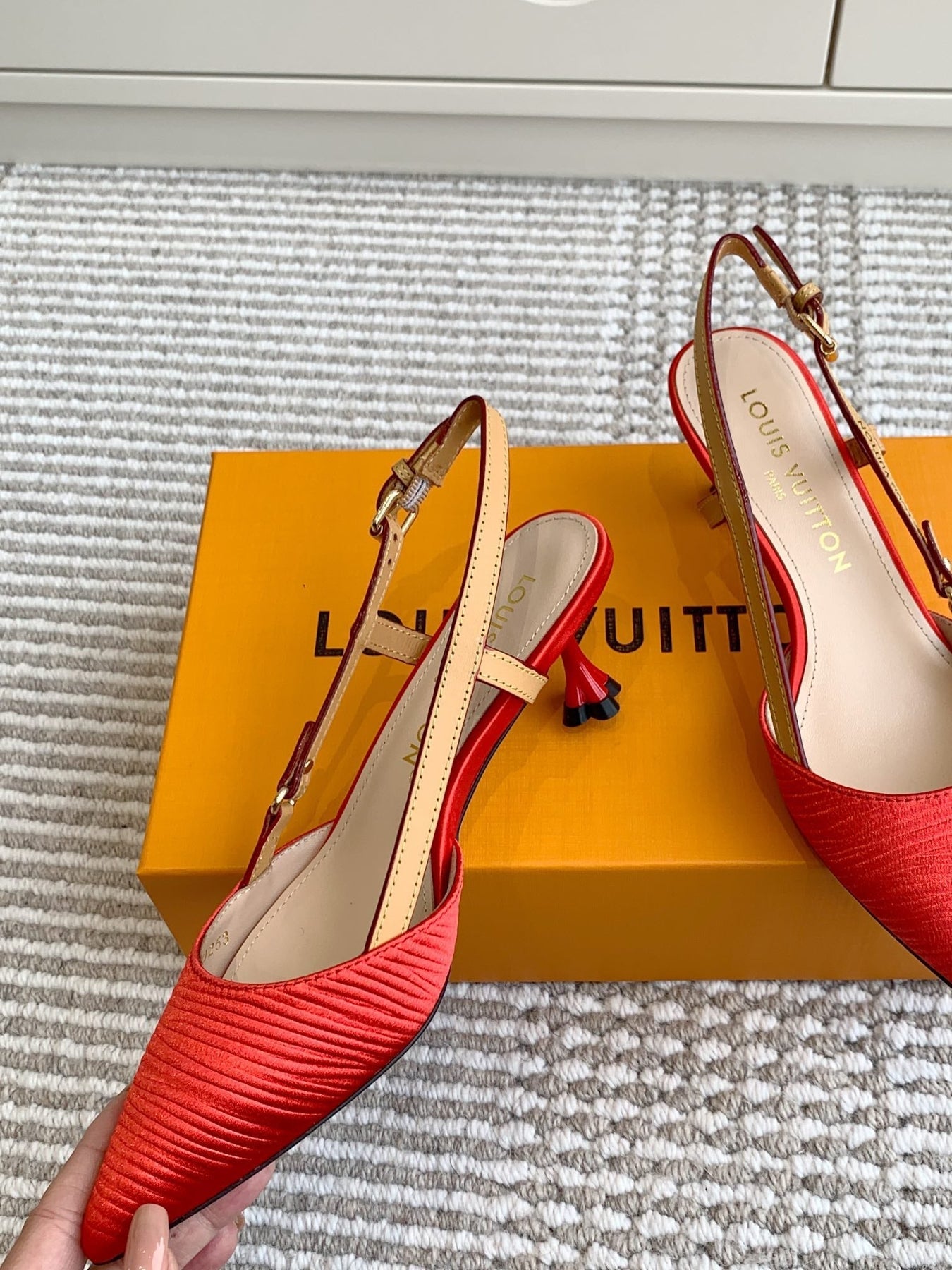 BLOSSOM SLINGBACKS 55 MM IN CHERRY RED IMPORTED STRIPED SILK SATIN