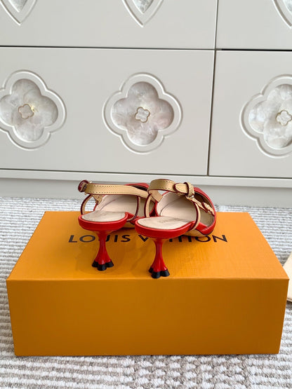 BLOSSOM SLINGBACKS 55 MM IN CHERRY RED IMPORTED STRIPED SILK SATIN