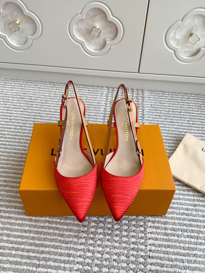 BLOSSOM SLINGBACKS 75 MM IN CHERRY RED IMPORTED STRIPED SILK SATIN