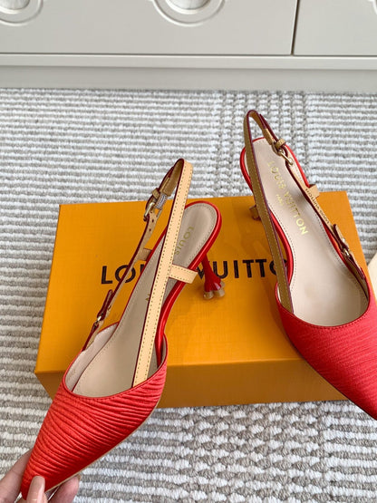 BLOSSOM SLINGBACKS 75 MM IN CHERRY RED IMPORTED STRIPED SILK SATIN
