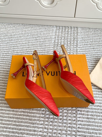 BLOSSOM SLINGBACKS 75 MM IN CHERRY RED IMPORTED STRIPED SILK SATIN
