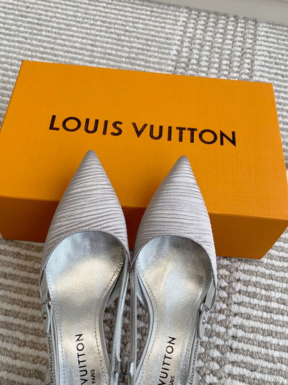 BLOSSOM SLINGBACKS 55 MM IN SILVER IMPORTED STRIPED SILK SATIN