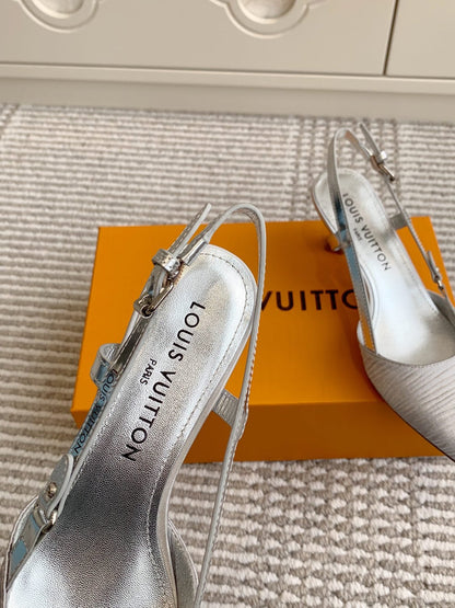 BLOSSOM SLINGBACKS 55 MM IN SILVER IMPORTED STRIPED SILK SATIN
