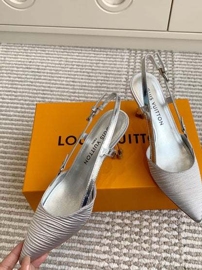 BLOSSOM SLINGBACKS 75 MM IN SILVER IMPORTED STRIPED SILK SATIN