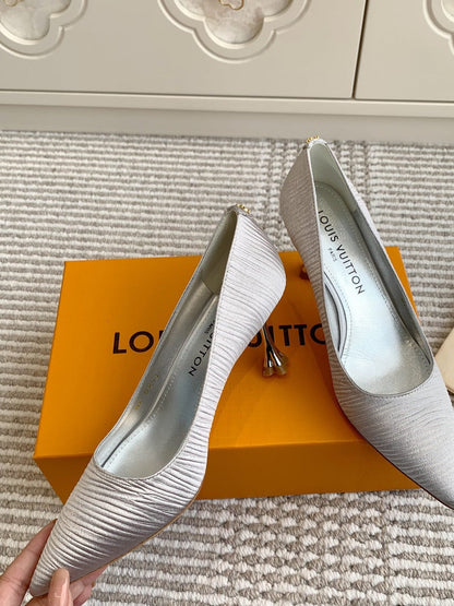 BLOSSOM PUMP 7 CM IN SILVER IMPORTED STRIPED SILK SATIN