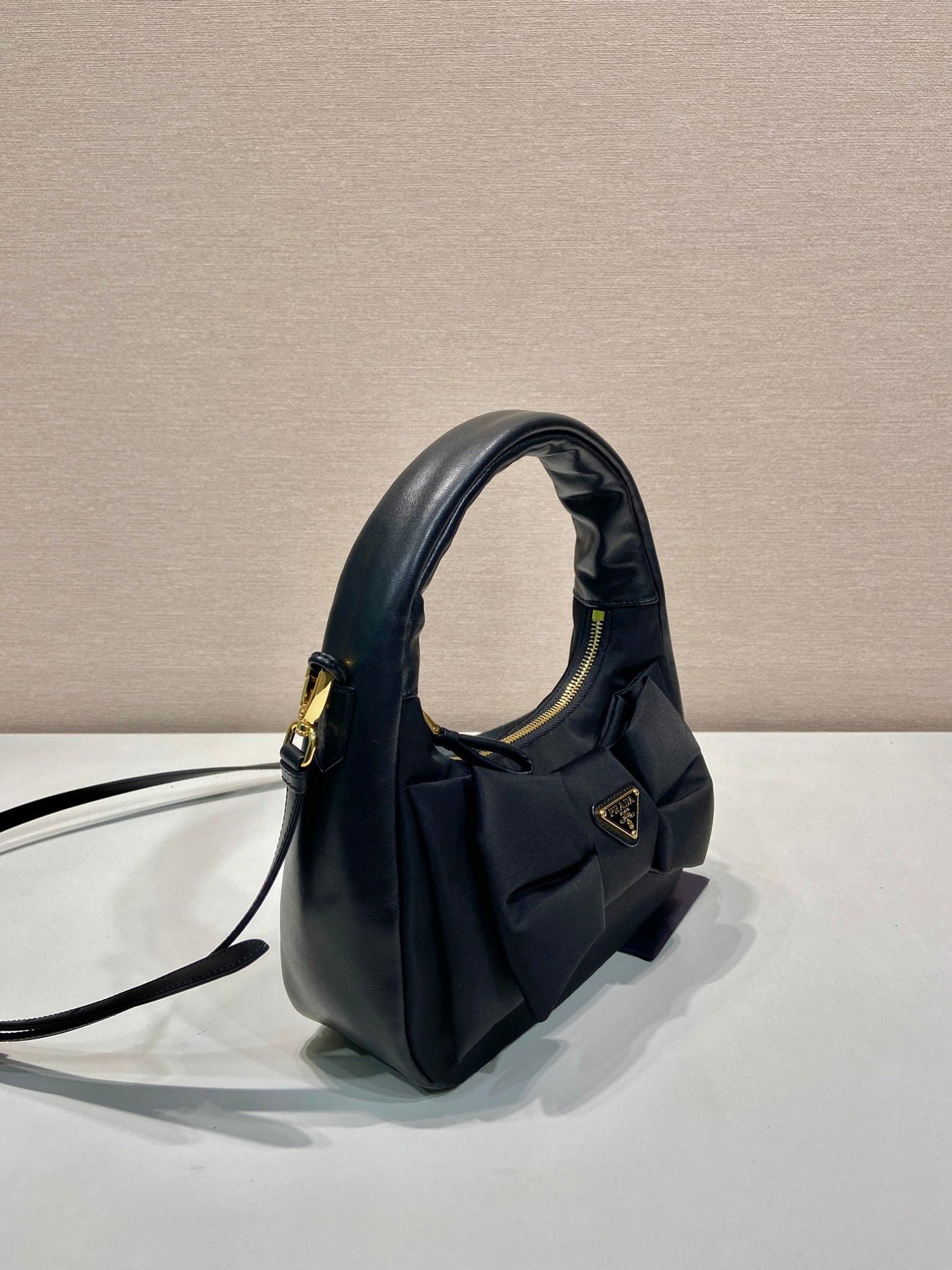 BOW HOBO BAG 22 IN BLACK RE-NYLON AND LAMBSKIN