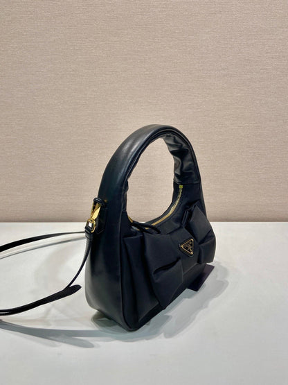 BOW HOBO BAG 22 IN BLACK RE-NYLON AND LAMBSKIN