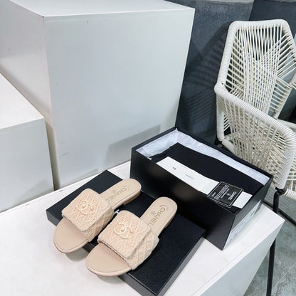 KNIT CAMEL BEIGE FABRIC FLAT SLIDE