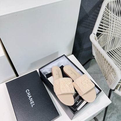 KNIT CAMEL BEIGE FABRIC FLAT SLIDE