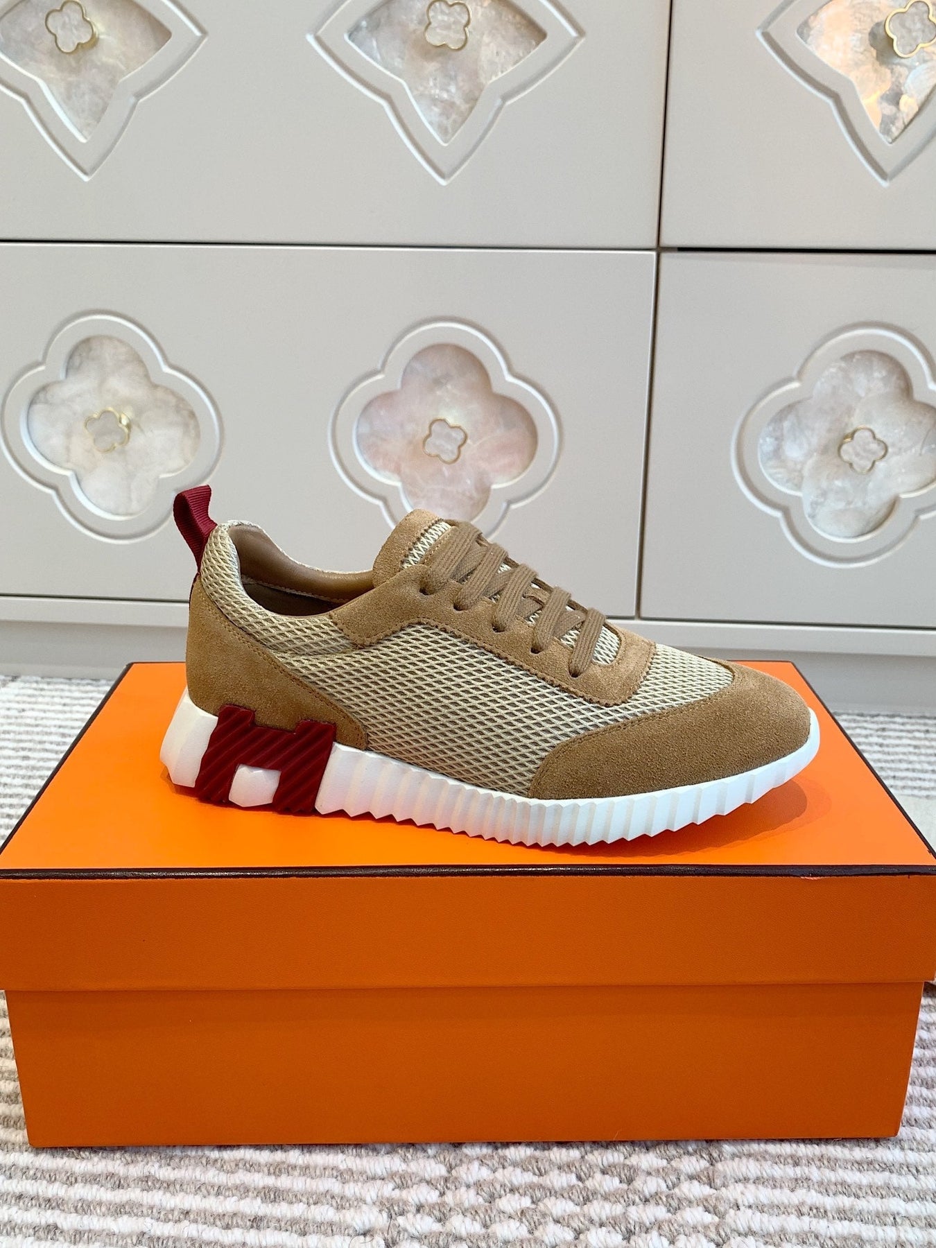 BOUNCING SNEAKER IN CIDER BROWN GRAPHIC MESH AND SUEDE