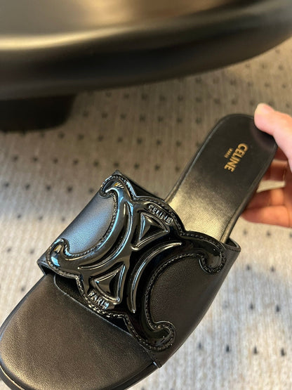 CLEMENCE MULE IN BLACK LAMBSKIN AND PATENT CALFSKIN