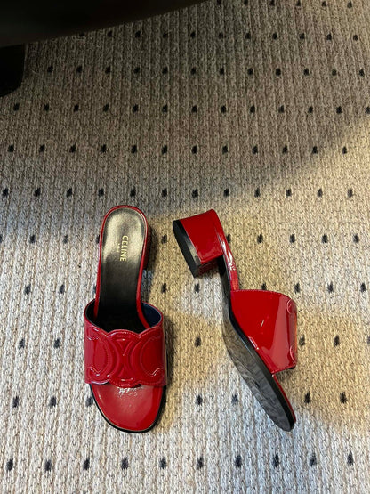 CLEMENCE MULE IN RUBY RED LAMBSKIN AND PATENT CALFSKIN
