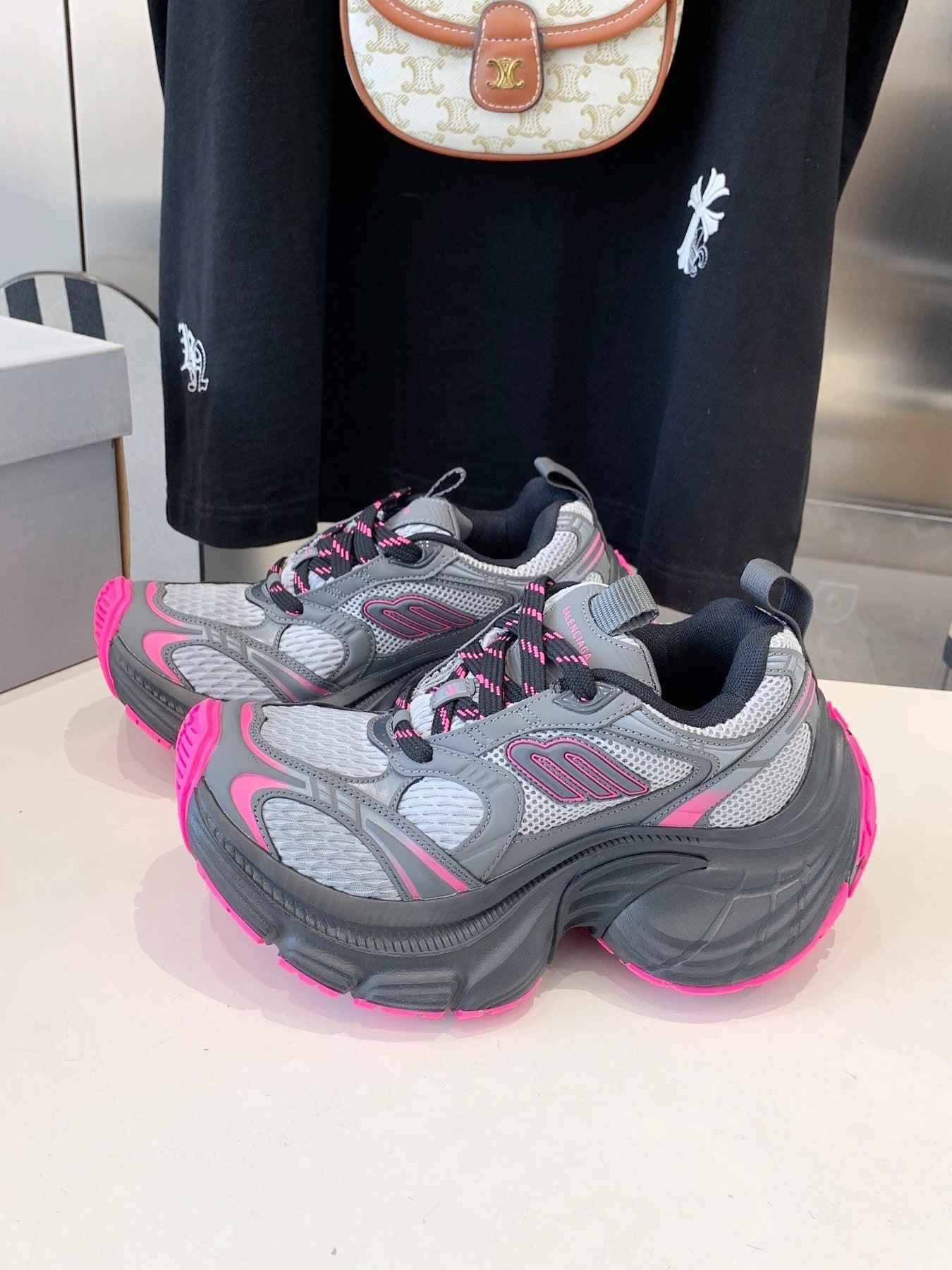 DAD SHOES IN GRAY MIX PINK MESH AND CALFSKIN