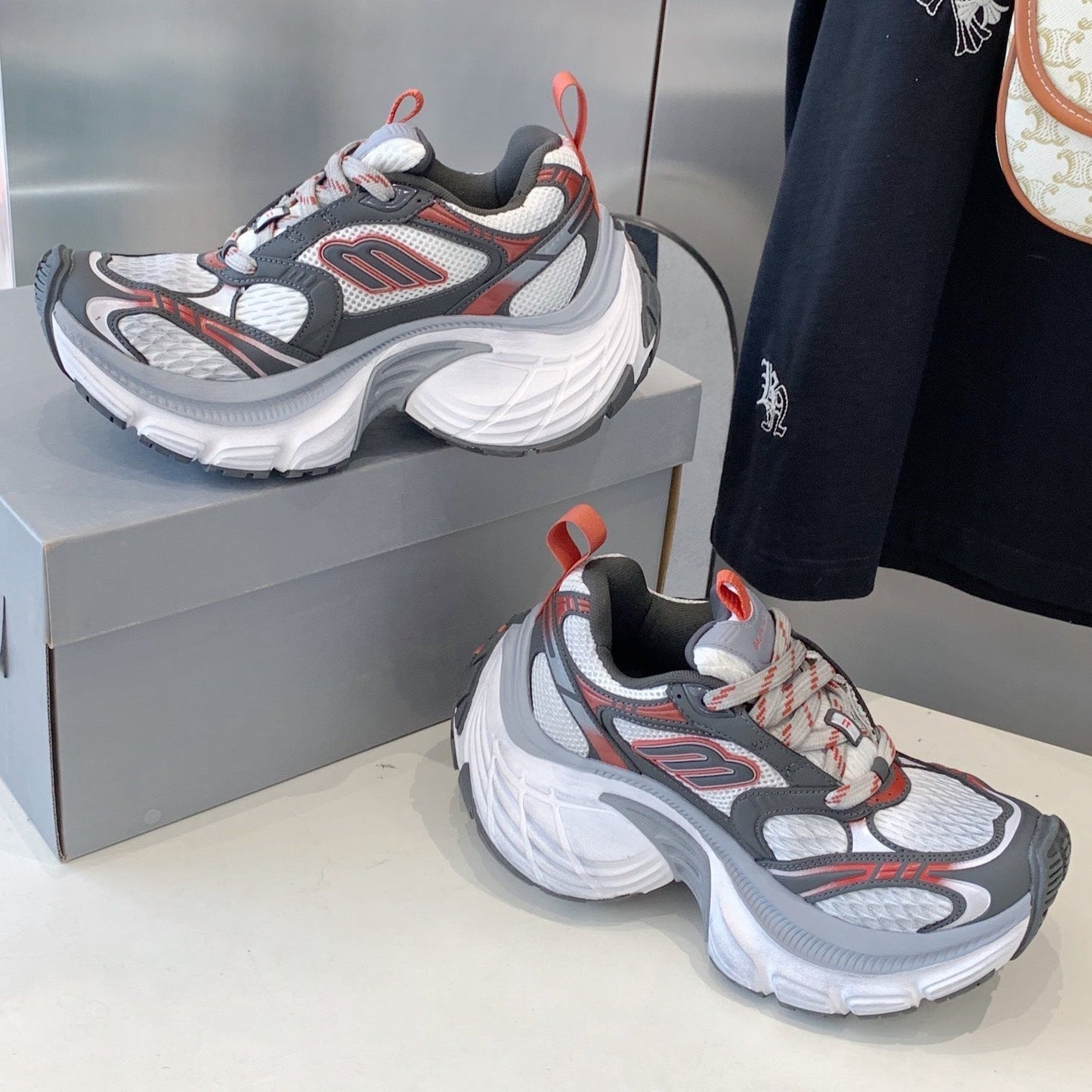 DAD SHOES IN GREY RED WHITE MESH AND CALFSKIN