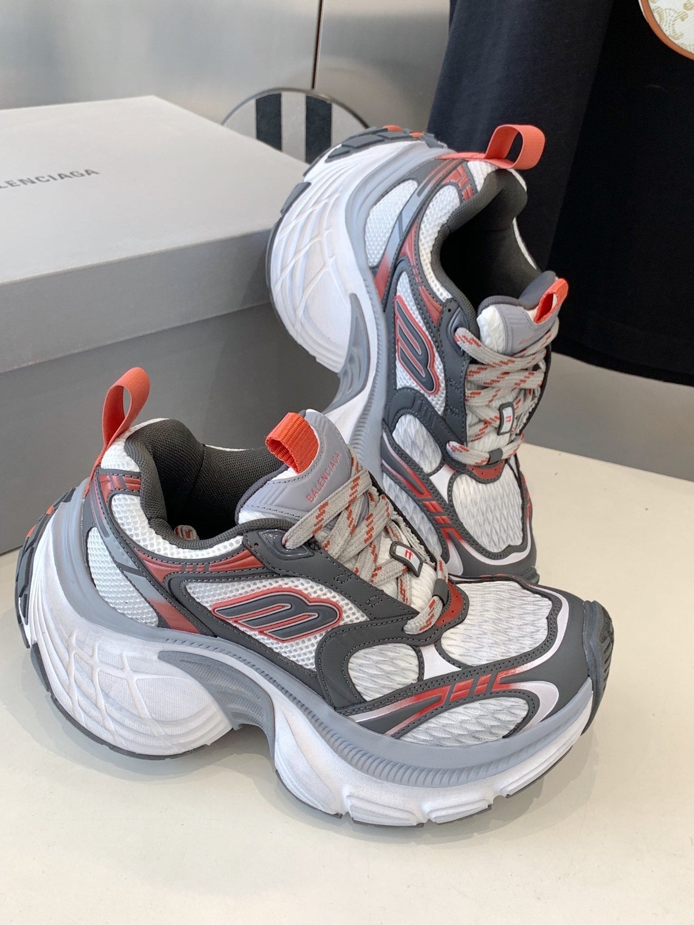 DAD SHOES IN GREY RED WHITE MESH AND CALFSKIN