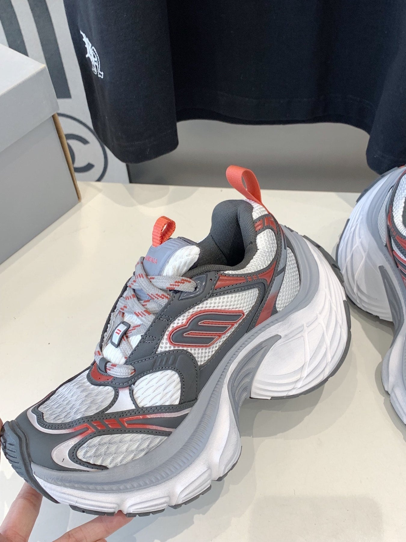 DAD SHOES IN GREY RED WHITE MESH AND CALFSKIN