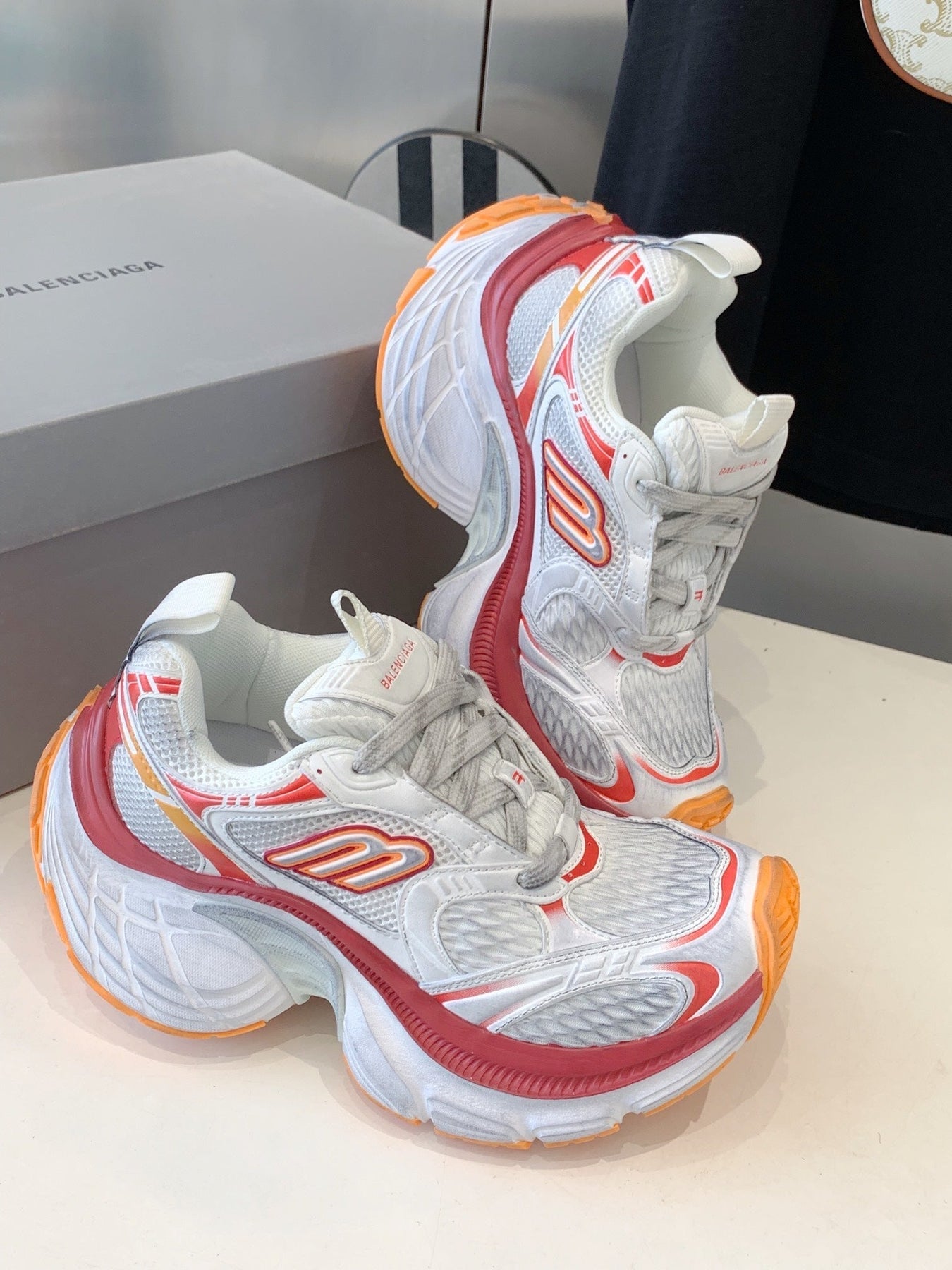 DAD SHOES IN RED ORANGE AND DUST WHITE MESH AND CALFSKIN