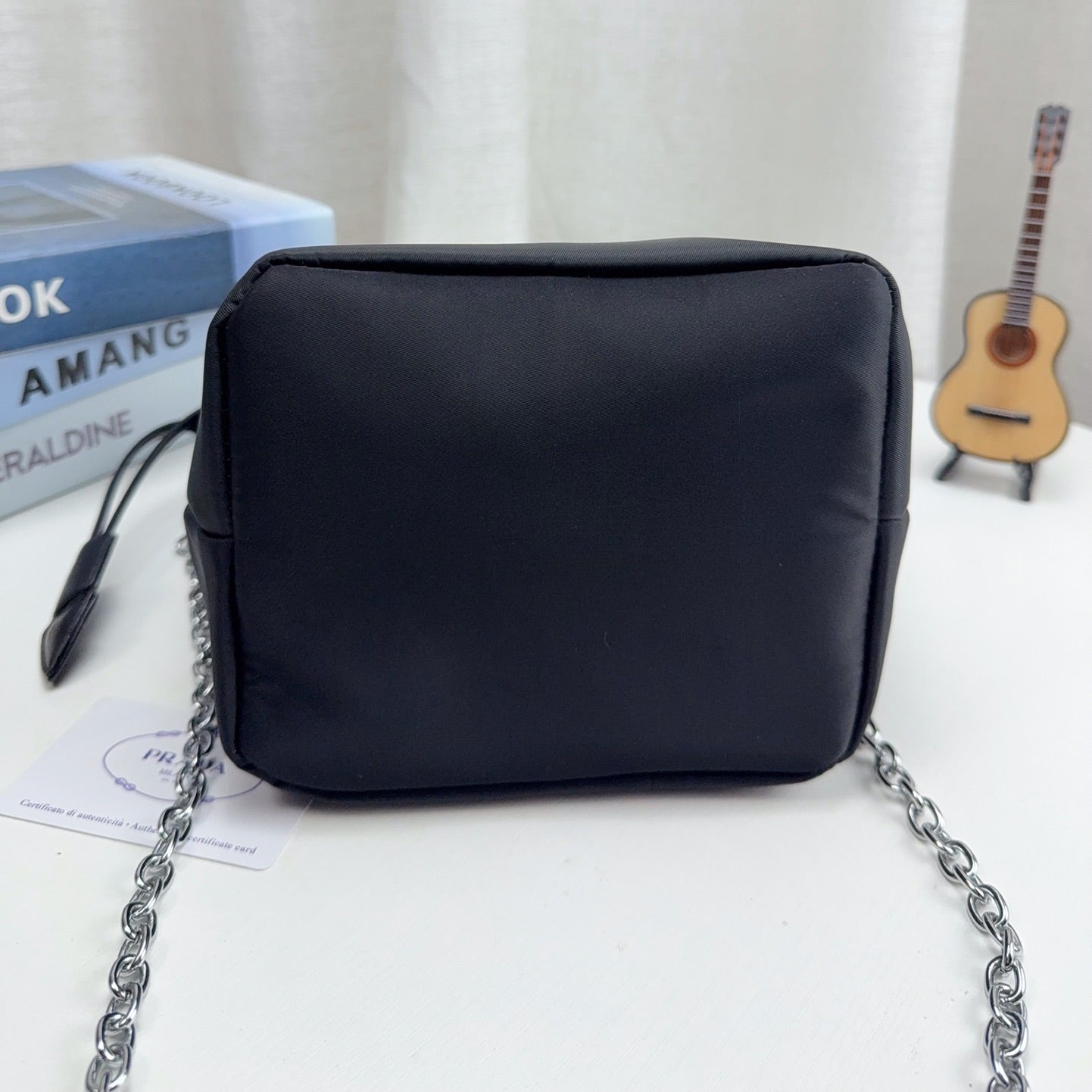 DRAWSTRING BUCKET BAG 20 IN BLACK RE-NYLON SILVER CHAIN