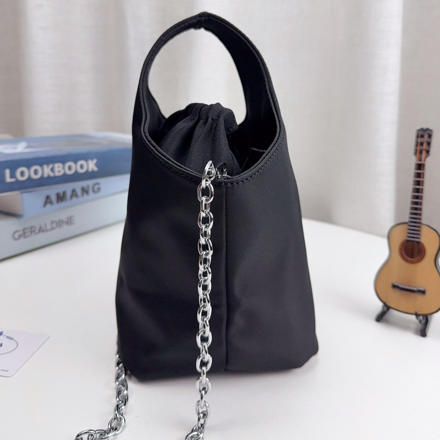 DRAWSTRING BUCKET BAG 20 IN BLACK RE-NYLON SILVER CHAIN