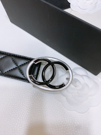 DOUBLE C BELT 38MM IN BLACK QUILTED LAMBSKIN SILVER OVAL BUCKLE CENTERED BLACK LOGO