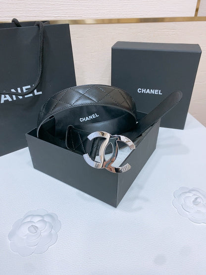 DOUBLE C 38MM IN BLACK QUILTED LAMBSKIN SILVER BUCKLE