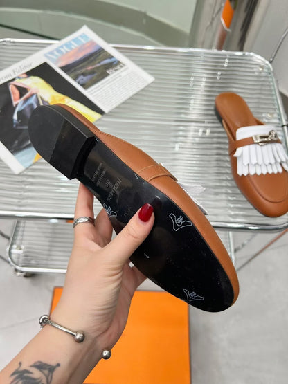 0Z MULE CARAMEL MIX FRINGED WHITE CALFSKIN