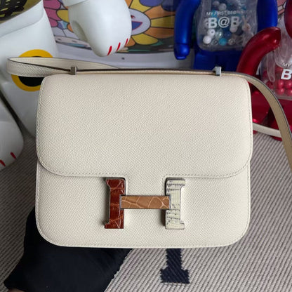 HM CONSTANCE BAGS 19 WHITE LAMBSKIN SILVER H BUCKLE MIX