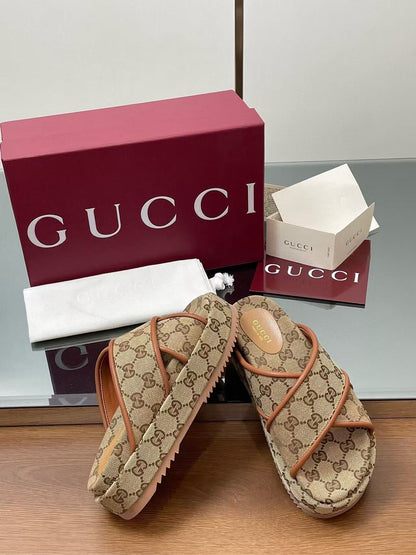 GG PLATFORM SANDALS IN BEIGE AND DARK BROWN GG CANVAS