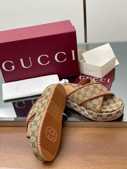 GG PLATFORM SANDALS IN BEIGE AND DARK BROWN GG CANVAS