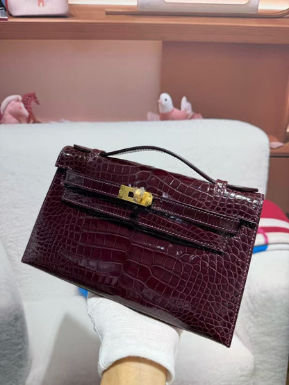 HM KELLY MINI 22 BORDEAUX RED AMERICAN ALLIGATOR GOLD BUCKLE