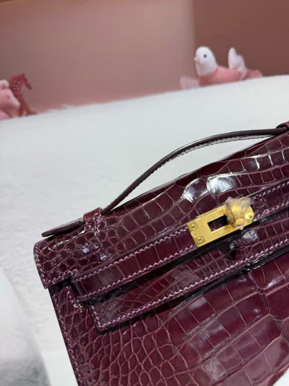 HM KELLY MINI 22 BORDEAUX RED AMERICAN ALLIGATOR GOLD BUCKLE