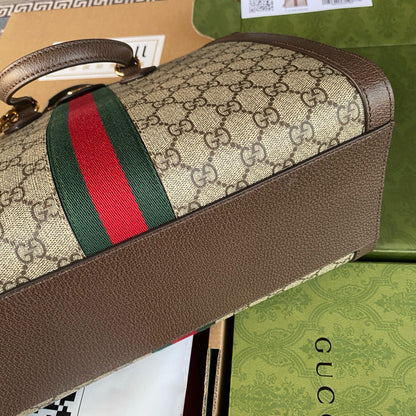 OPHIDIA LARGE 33 CM TOTE BAG IN BEIGE/EBONY GG CANVAS WITH BROWN LEATHER TRIM