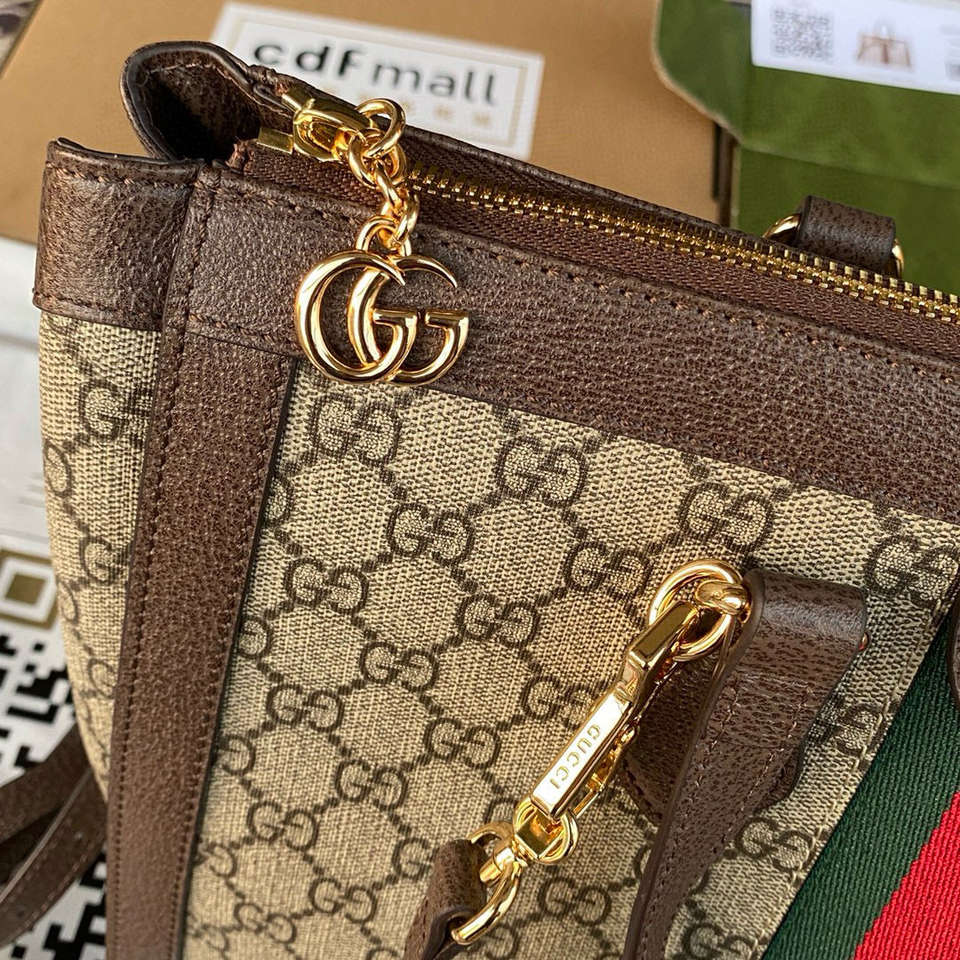 OPHIDIA LARGE 33 CM TOTE BAG IN BEIGE/EBONY GG CANVAS WITH BROWN LEATHER TRIM