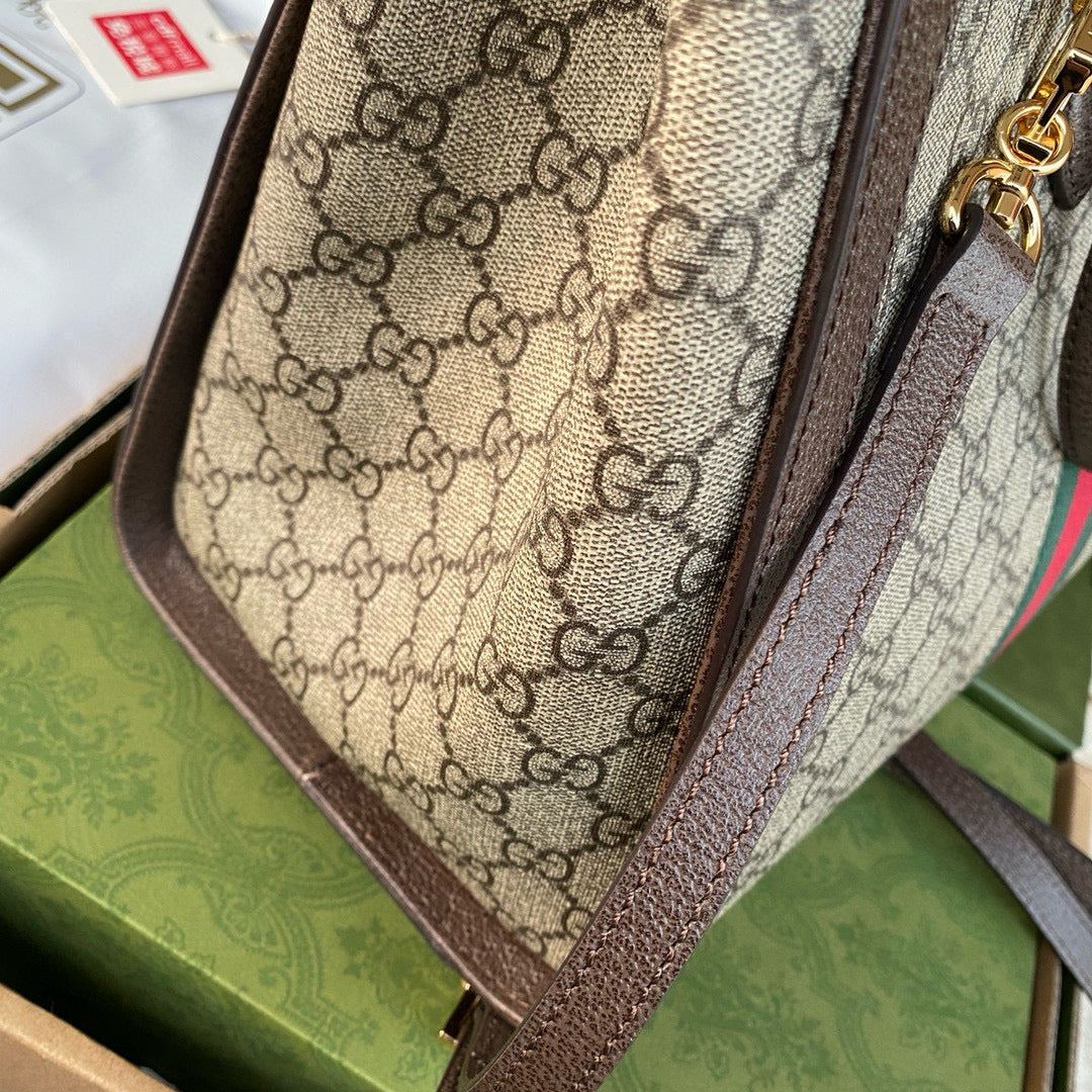 OPHIDIA LARGE 33 CM TOTE BAG IN BEIGE/EBONY GG CANVAS WITH BROWN LEATHER TRIM