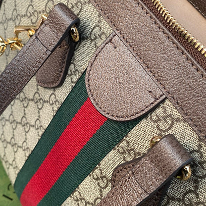 OPHIDIA LARGE 33 CM TOTE BAG IN BEIGE/EBONY GG CANVAS WITH BROWN LEATHER TRIM