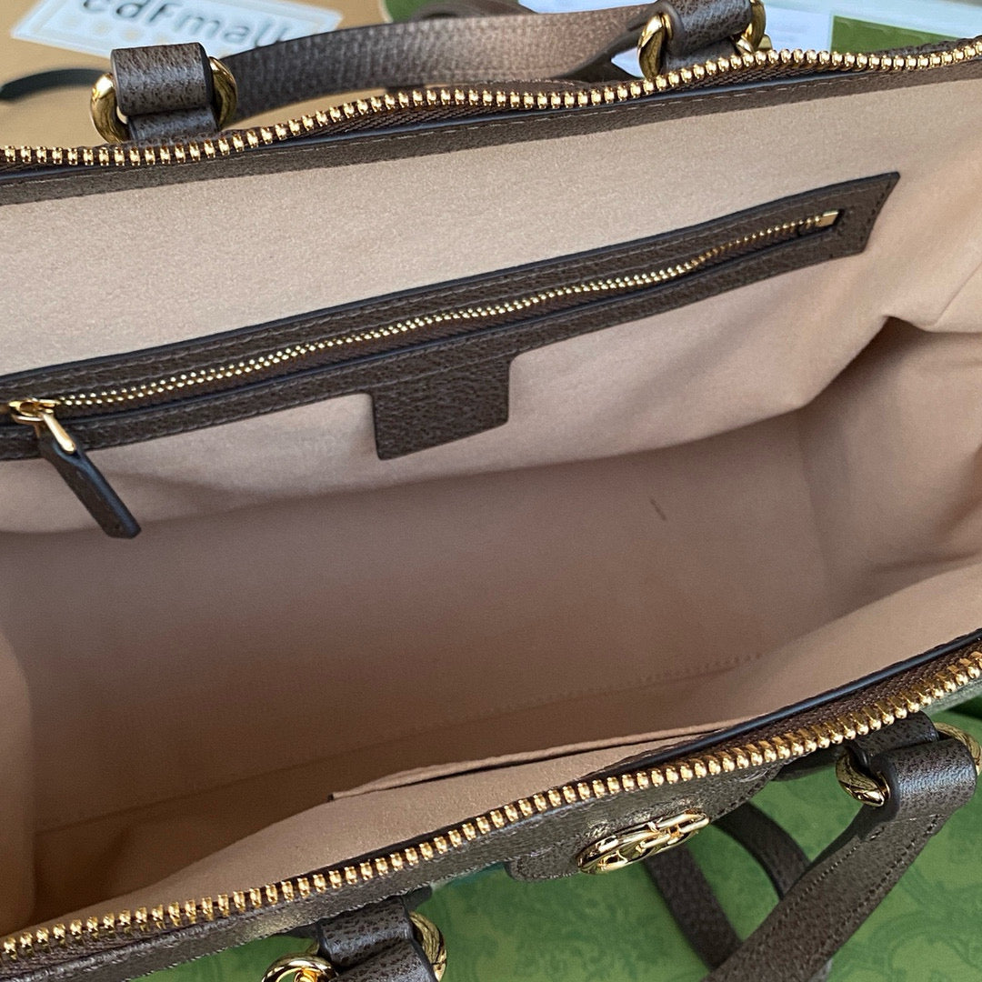 OPHIDIA LARGE 33 CM TOTE BAG IN BEIGE/EBONY GG CANVAS WITH BROWN LEATHER TRIM