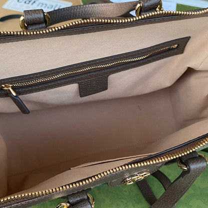 OPHIDIA LARGE 33 CM TOTE BAG IN BEIGE/EBONY GG CANVAS WITH BROWN LEATHER TRIM