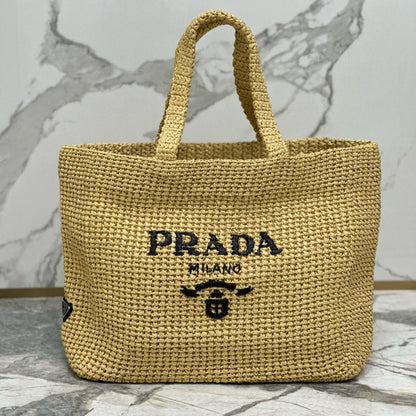 Prada 40 Cm Raffia Crochet Neutral Straw Tote Bag