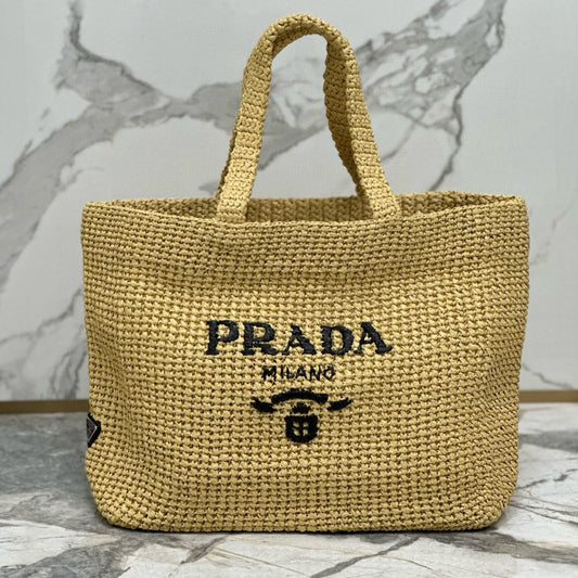 Prada 40 Cm Raffia Crochet Neutral Straw Tote Bag