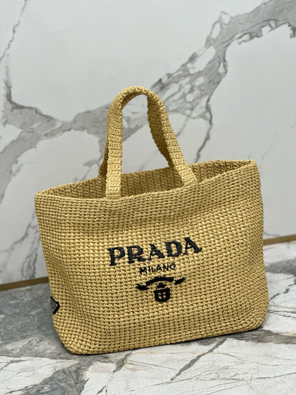 Prada 40 Cm Raffia Crochet Neutral Straw Tote Bag