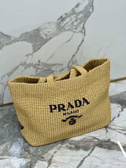 Prada 40 Cm Raffia Crochet Neutral Straw Tote Bag