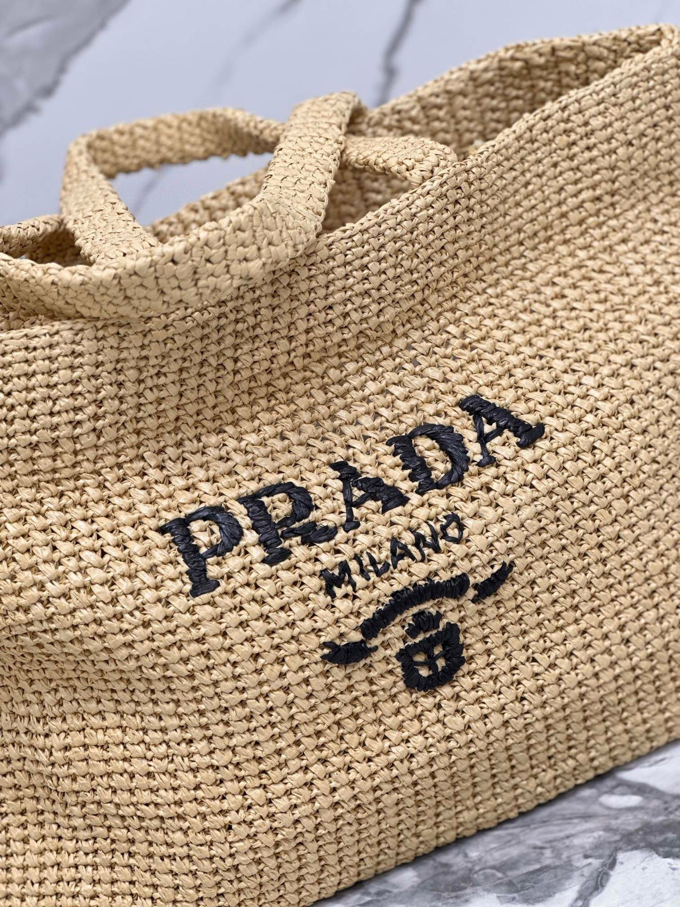 Prada 40 Cm Raffia Crochet Neutral Straw Tote Bag