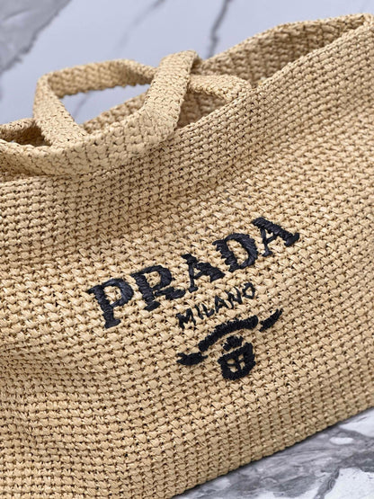 Prada 40 Cm Raffia Crochet Neutral Straw Tote Bag